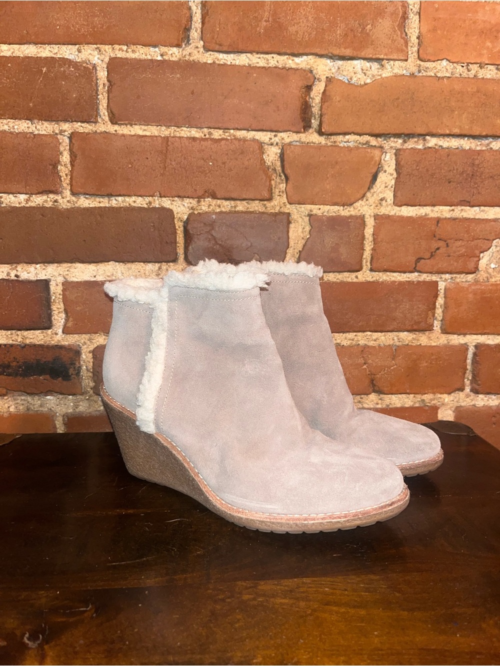 Cole Haan Tan Suede Shearling Wedge Booties